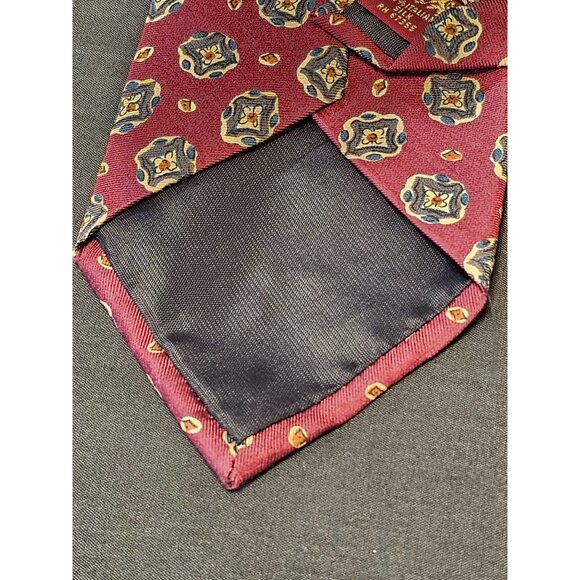 Vintage Parklane Mens Burgundy Silk Tie With Blue & Gold Geometric Pattern - Picture 8 of 10